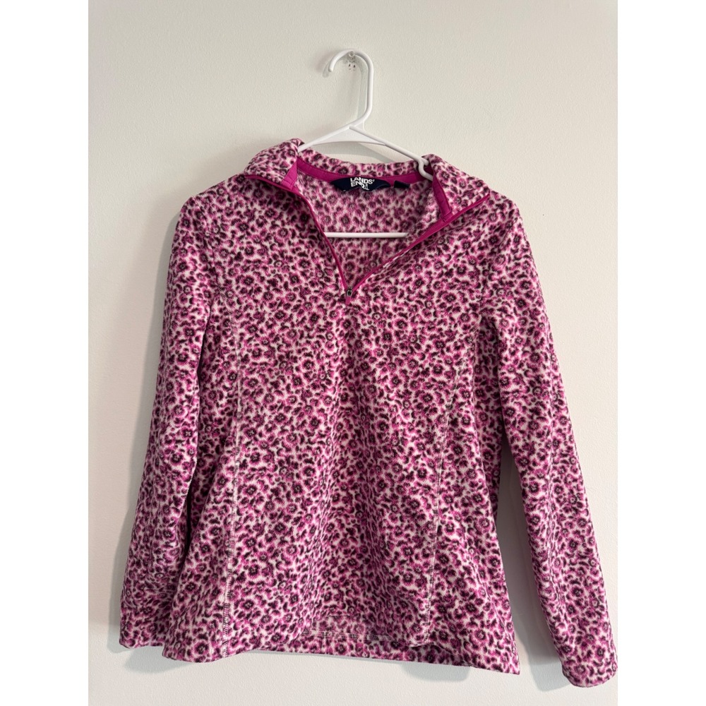 Lands' End Fleece Quarter Zip Pullover Womens XS P Pink Leopard Print Mock‎ Neck